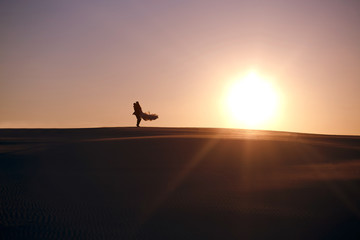 bride and groom walk in the desert during sunset, the silhouette of a man and woman, a man holds a girl in his arms on the dunes of the desert, a wedding walk, the concept of overcoming difficulties