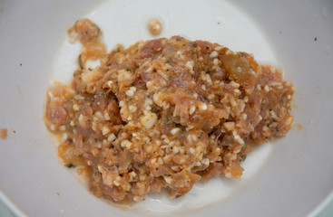 Meat material for sarmale ,Sarmale, traditional Romanian food, rice in pickled cabbage leaves