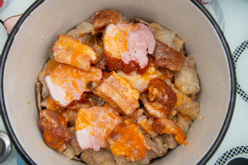 Meat material for sarmale ,Sarmale, traditional Romanian food, rice in pickled cabbage leaves