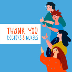 Thank you doctors and nurses hand-lettered phrase. People applauding doctors vector illustration in flat style. Gratitude for fighting coronavirus and other diseases concept
