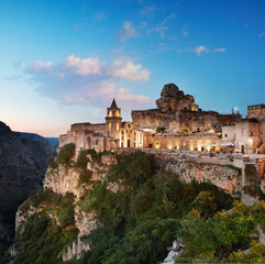 Italy, Matera, a panoramic view of the Sasso Caveoso, at sunrise, nobody