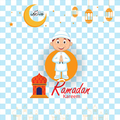 ramadan greeting card design with ramadan kareem cartoon character design.Translated: Happy & Holy Ramadan. Month of fasting for Muslims. Arabic Calligraphy