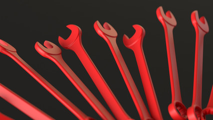 The group of red monochromatic spanners on the black background. 3d render.