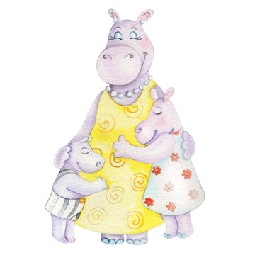 Cute watercolor mom hippo with son and daughter