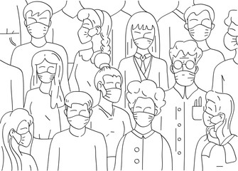 people in a mask, outline illustration, line art, corona virus, epidemic, pandemic, walking crowd,
