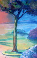A tree on a pink and blue sea background is painted with acrylic on canvas. Impressionist painting, summer evening landscape, sea and mountains in the distance