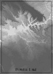 Map of Powell Lake, Arizona. Vector elevation map of national park. Generated conceptual surface relief map. Detailed geographic elegant landscape scheme. Topographic outline poster.