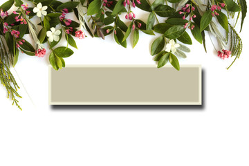 Celebration Happy Birthday card with fresh flowers border. Flat lay, top view. Concept of celebration, card, banner
