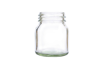 A transparent glass bottle in a white background