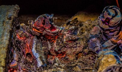 Embers and burning firewood in the stove