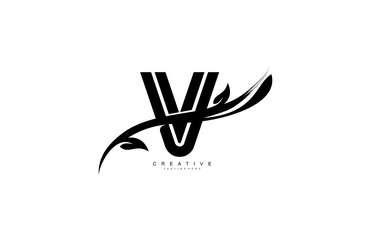 Letter V Bold Linked Artistic Black Swoosh Shape Logo Design Vector