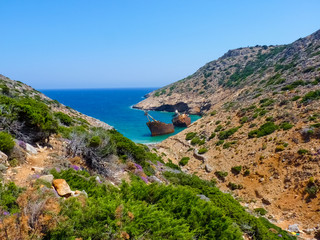 Fototapeta na wymiar Olympia Shipwreck near Kalotaritissa beach, Amorgos island, Cyclades, Greece