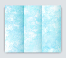 Blue sky and clouds, set of hand painted watercolor textures. Abstract backgrounds for invitation card or brochure design.
