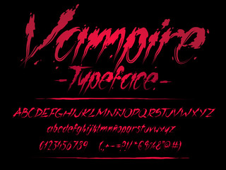 Vampire font. Blood letters. Halloween vector alphabet with numbers and glyphs.