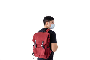 Young Asian Man with Face Mask Protection and Red Bag on White Background.