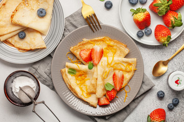 French Crepe Suzette for Chandeleur. Top view. Copy space. Flat lay