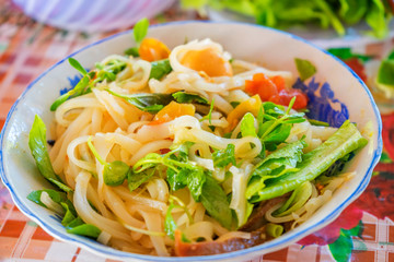 Vietnamese noodle Mi Quang at Tra Que vegetable village, Hoi An old town, Vietnam