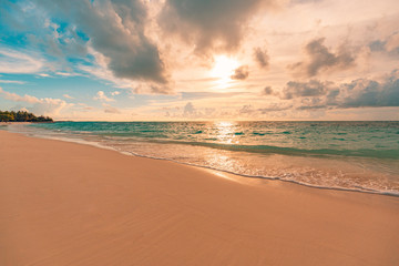 Sea sand sky concept, sunset colors clouds, horizon, horizontal background banner. Inspirational nature landscape, beautiful colors, wonderful scenery of tropical beach. Beach sunset, summer vacation

