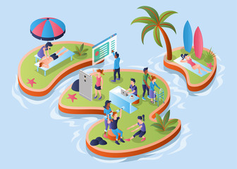 Obraz na płótnie Canvas Isometric Vector Illustration Representing Islands with Health People Activities on it
