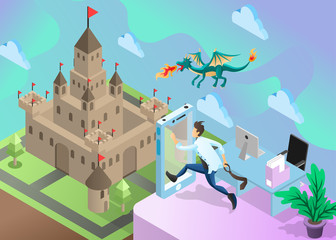 Naklejka premium Isometric Vector Illustration Representing a Man Jumping Through Mobile Phone to Fantasy World