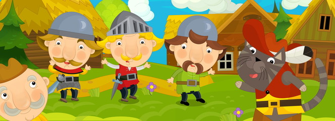 cartoon summer scene with knight cat on the journey illustration