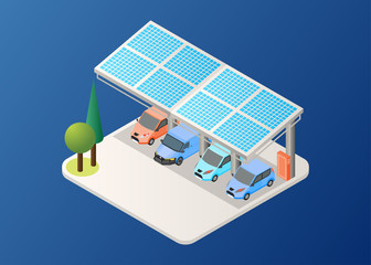 Isometric Vector Illustration Representing Generating Solar Energy Using Panel on Car Parking Area