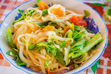 Vietnamese noodle Mi Quang at Tra Que vegetable village, Hoi An old town, Vietnam