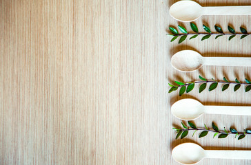 no plastic, clean, disposable food appliances, light wood spoons, with space for text and space for copying