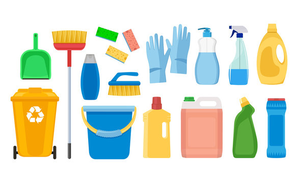 Cleaning and cleaning products for cleaning the house. Rubber gloves, brush, trash can, window spray. Icons set. Vector illustration