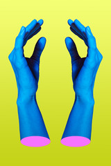 Two hand in a pop art collage style in neon bold colors. Modern psychedelic creative element with...