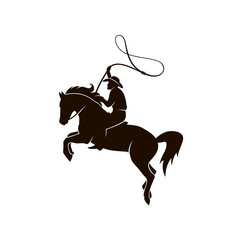 cowboy silhouette with lasso on horse icon isolated on white background for western