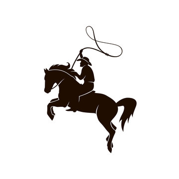 recommend clip art: cowboy silhouette with lasso on horse icon isolated on white background for western