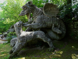 Fototapeta na wymiar Colossal Mannerist Renaisance statue of dragon hunting a wolf. 16th Century. Bomarzo. Italy.