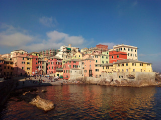 Naklejka na ściany i meble Sunset in Boccadasse village beach. City of Genoa. Liguria. Italy. 