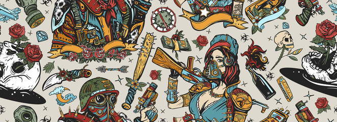 Post apocalypse seamless pattern. Old school tattoo style. Doomsday girl and gun, end of world. Post apocalyptic man warrior, soldier woman. People, weapon of dark future. Nuclear war background - obrazy, fototapety, plakaty