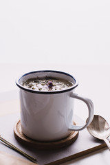 hot tea in metal mug