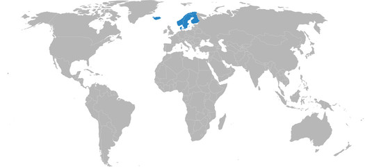 Nordic countries highlighted on world map. Light gray background. Business concepts, diplomatic, trade, travel and economic relations.