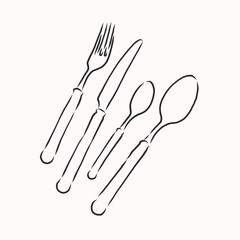 Rough Cutlery Illustration - Brown handmade illustration of cutlery isolated on white background. Cutlery fork and knife, vector sketch illustration