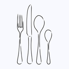 Rough Cutlery Illustration - Brown handmade illustration of cutlery isolated on white background. Cutlery fork and knife, vector sketch illustration