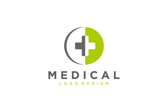 Medical Logo Healthcare Symbol. White and Grey Cross Sign Negative Space with Green Medicine Icon isolate on White Background. Flat Vector Logo Design Template Element.
