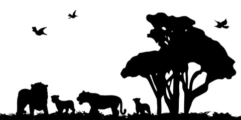 Lion family silhouettes landscape background illustration vector