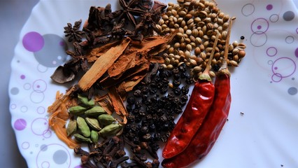 Spices of Kerala. Cinnamon, pepper, clove, star anise,  cardamom, nutmeg and curry leaves ,main  ingredients of Kerala cuisine. 