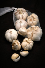 Bulbil, head and net of garlic on a dark background