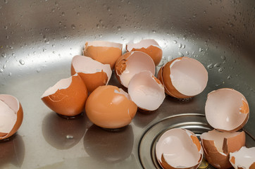 Broken egg shell in the washbasin