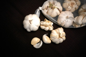 Bulbil, head and net of garlic on a dark background