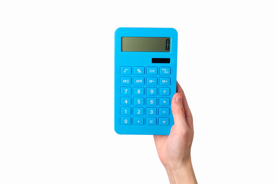 Hand holds blue calculator Isolated on a white background.
