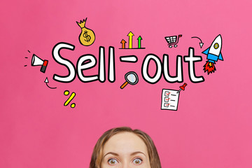 Sell-out concept with text and icons on a pink background.