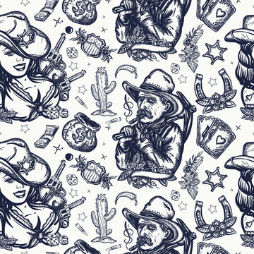 Wild West seamless pattern. Sheriff girl and сowboy digger, bags of money, cactus, playing card. Retro movie style. American history  background. Old school tattoo art. Western background
