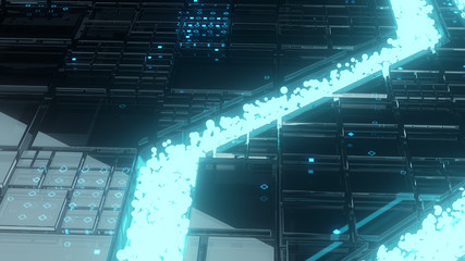 Background design in a modern technological style. Smooth movement of particles along the riverbed. 3D render.