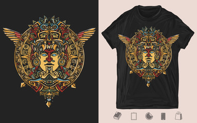 Ancient totem, wings and mayan sun. Creative print. Aztec art. Mexican god. T-shirt design. Template for posters, textiles, apparels. Vector illustration for dark clothes